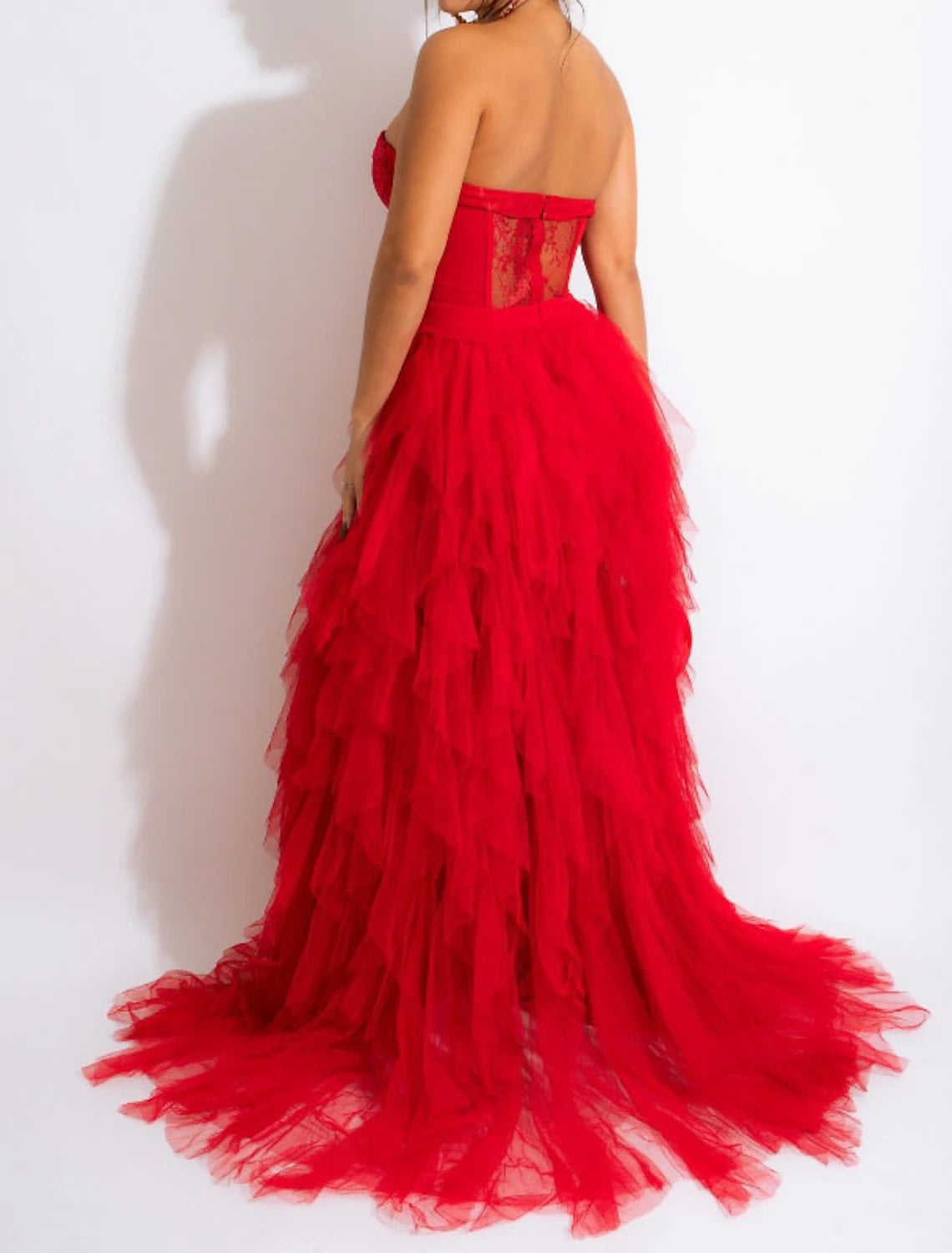 Abito da sera a trapezio con corsetti, abito da cerimonia, da ospite, con strascico, senza maniche, senza spalline, stile Mercoledì Addams, in tulle con spacco